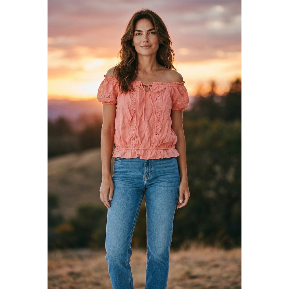 The General Good Stitchfix Coral Light Pink Eyelet Lace Peasant Blouse XXL NWOT - Picture 3 of 9